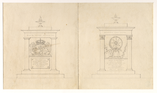 39585 Afbeelding van twee ontwerpen voor schilden ter versiering van het koor van de Domkerk te Utrecht ter gelegenheid ...